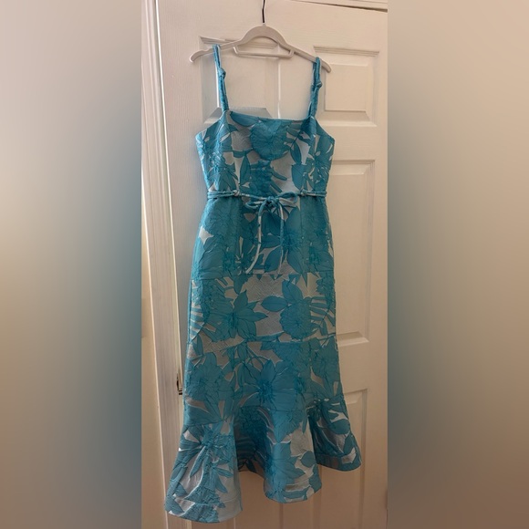 EUC Alexis Delphine Sash-Tie Embroidered Jacquard Midi Dress Tuscan Blue Sz L - Picture 2 of 8